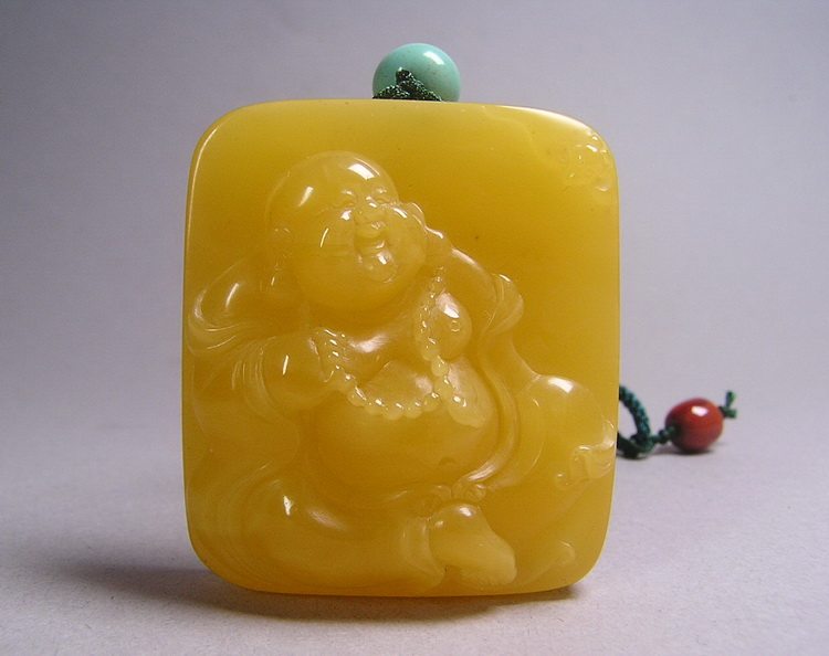 纯天然蜜蜡雕刻弥勒佛吊坠 琥珀坠 项链 苏州工艺 绿松石配珠