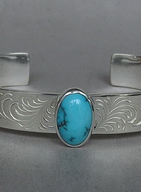 原矿纯天然绿松石手镯 925纯银手工錾刻唐草