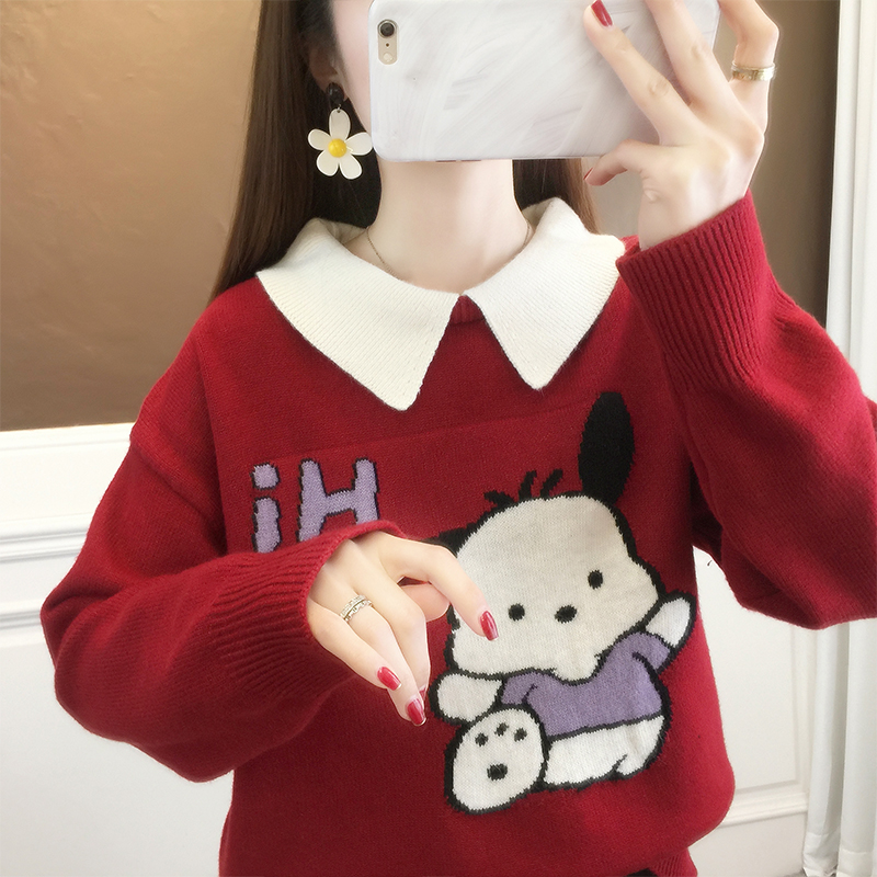 龙年大红色喜庆新年圣诞甜美加厚娃娃领宽松毛衣卡通打底衫少女装