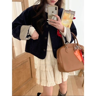 时髦韩系复古格纹拼接灯芯绒外套