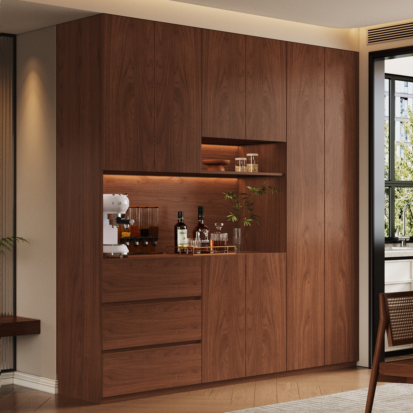 2025新款新中式实木广东佛山定制厨房一体靠墙酒柜餐边柜胡桃木色,住宅家具,自由组合衣柜,淘宝优惠券,粉丝福利购,淘宝优惠卷