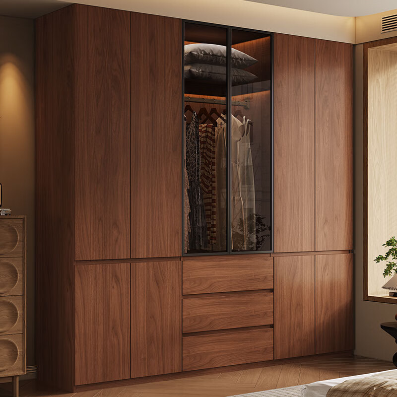 新中式胡桃色全实木家用卧室大衣柜广东佛山原木2025新款工厂定制