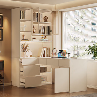 橡木实木转角书柜书桌一体学习桌家用白色办公电脑桌