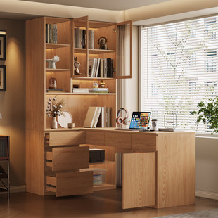 橡木实木转角书柜书桌一体学习桌家用原木色办公电脑桌
