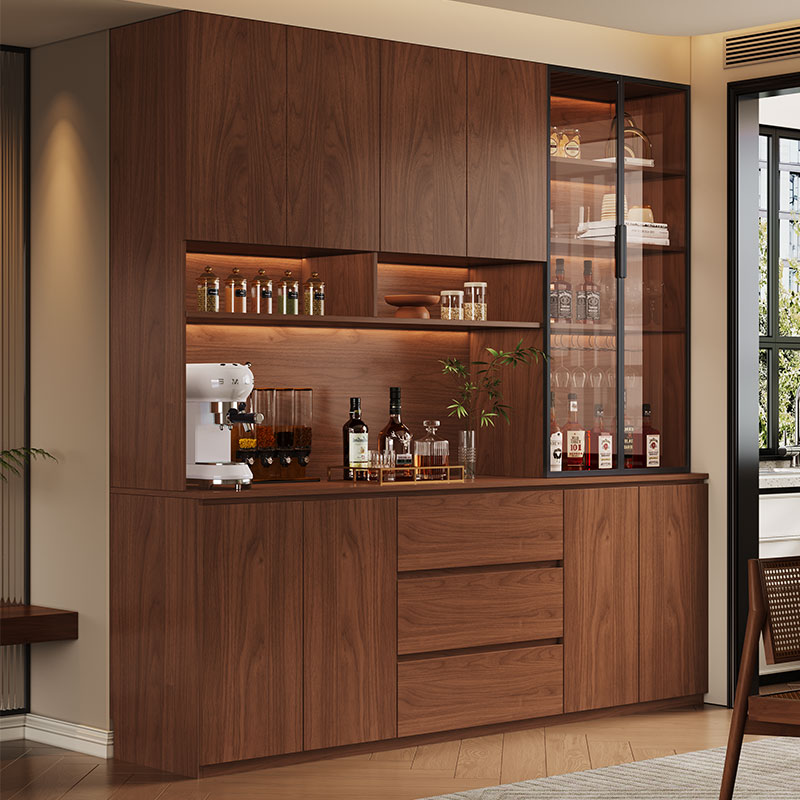 新中式全实木广东佛山定制厨房客厅储物一体靠墙酒柜餐边柜胡桃色