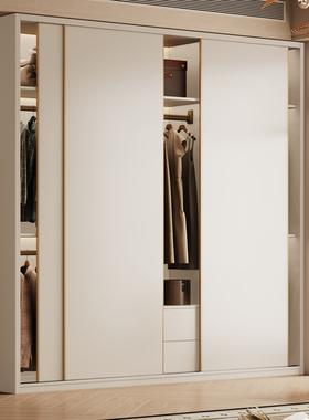 全实木衣柜原木橡木衣橱家用卧室推拉门衣柜小户型白色奶油风