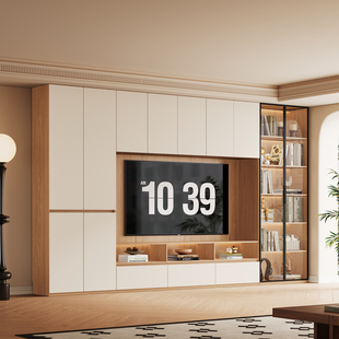 全实木橡木满面电视柜整墙柜子满墙柜原木色白色