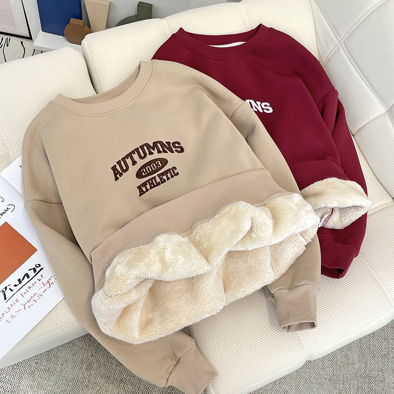 加绒宽松羊羔绒韩版绣花圆领卫衣