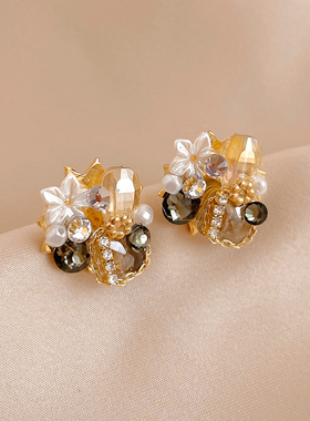 925银针复古水晶镶水钻花朵几何耳饰品女欧美时尚高级感气质耳环