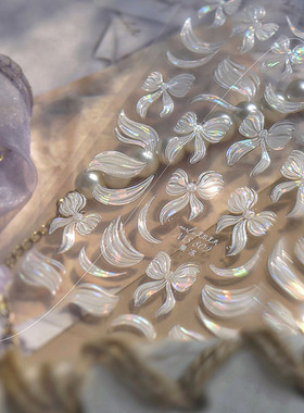 白色蝴蝶结美甲贴纸新款浮雕3d 立体5d网红ins飘带指甲贴纸装饰品