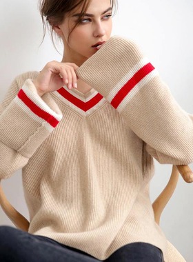 欧美学院风V领撞色CASHMERE山羊绒毛衣宽松慵懒秋冬女2026