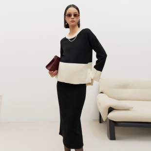 黑白配色毛衣半身裙时尚 coco小香风经典 套装 BELLYWEAR孕妇装