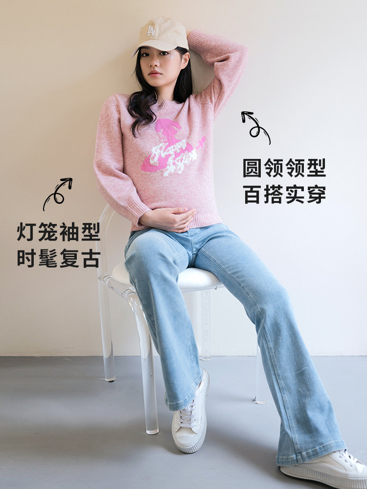 BELLYWEAR 임산부를 위한 새로운 겨울 스웨터 패셔너블한 짧은 라운드 넥 핑크색 따뜻하고 부드러운 밀랍 소매 상의