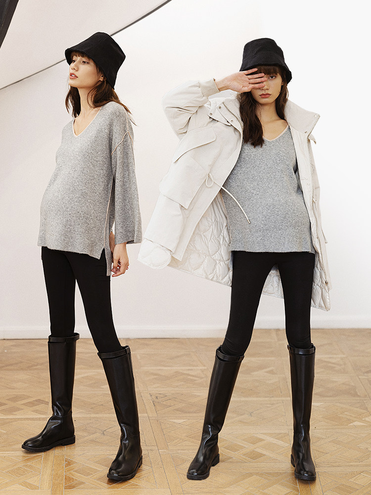 BELLYWEAR 출산 스웨터 짧은 패션 아방가르드 개성 라이트 플로랄 그레이 V 넥 루즈 벨벳 풀오버 스웨터