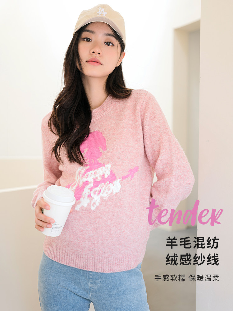 BELLYWEAR 임산부를 위한 새로운 겨울 스웨터 패셔너블한 짧은 라운드 넥 핑크색 따뜻하고 부드러운 밀랍 소매 상의
