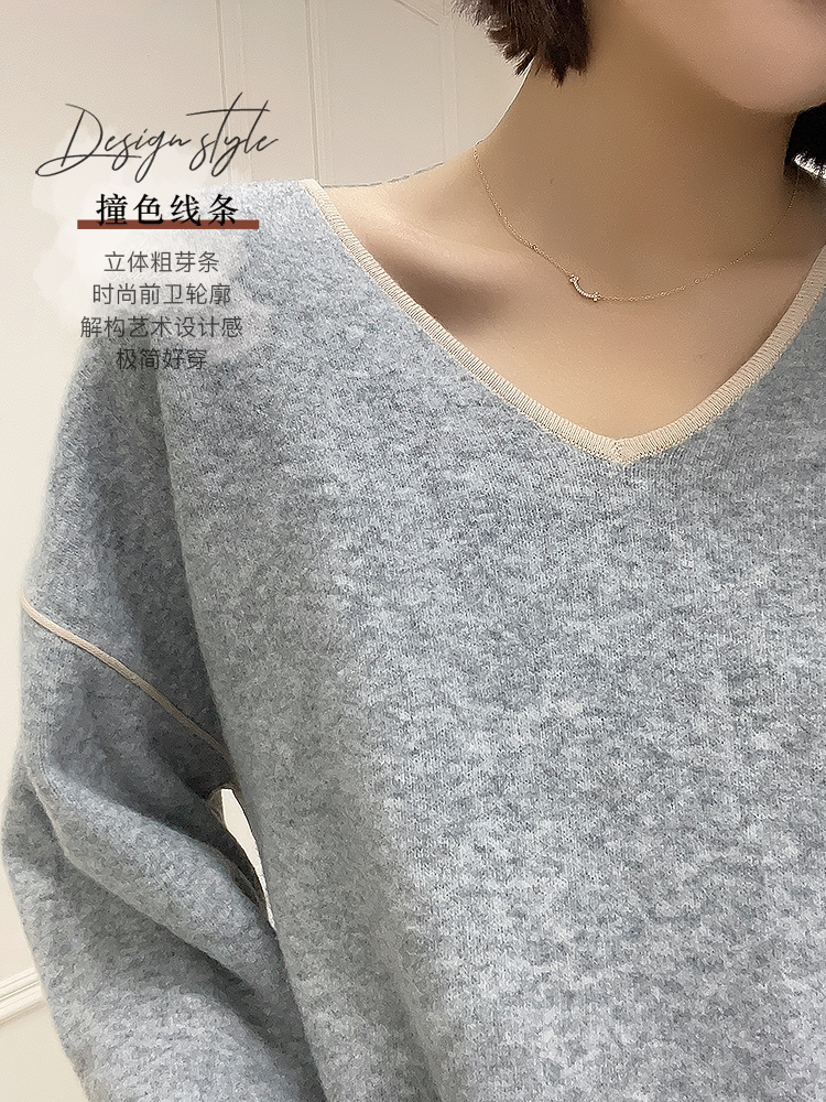 BELLYWEAR 출산 스웨터 짧은 패션 아방가르드 개성 라이트 플로랄 그레이 V 넥 루즈 벨벳 풀오버 스웨터