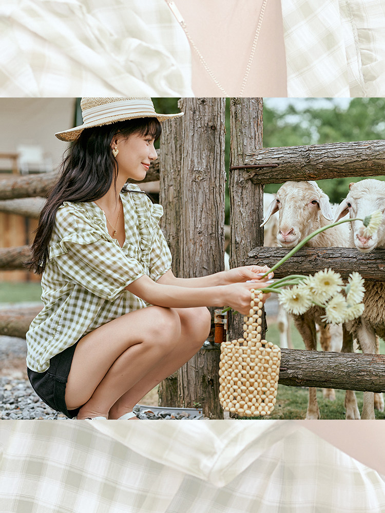 BELLYWEAR 출산 셔츠 탑 여름 신작 패션 느슨한 반팔 격자 무늬 프렌치 프릴 셔츠