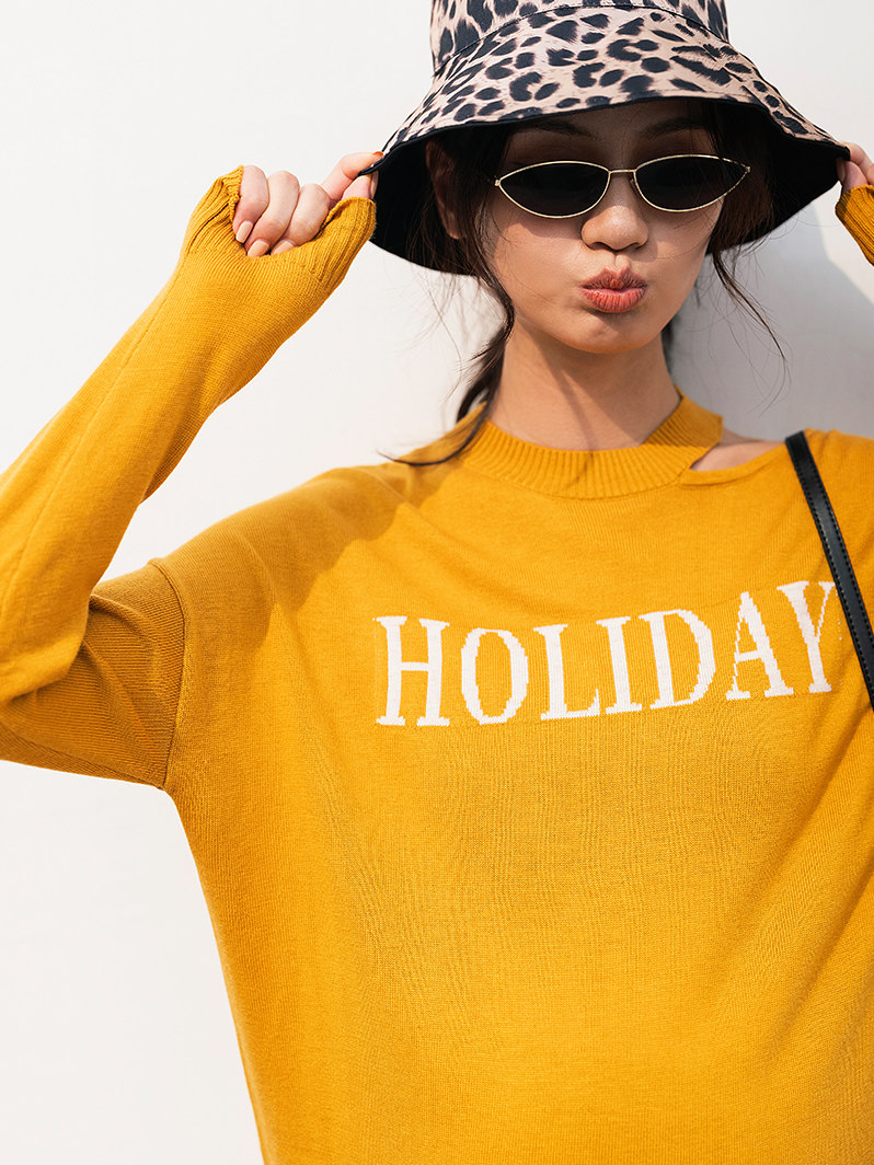 BELLYWEAR 출산 가을 겨울 스웨터 탑 세련된 느슨한 긴팔 중공 라운드 넥 레터 풀오버