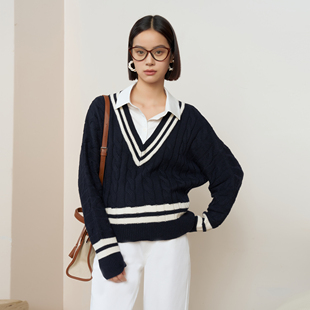 复古藏青色撞色休闲针梭拼织上衣 秋冬新款 BELLYWEAR孕妇装 针织衫