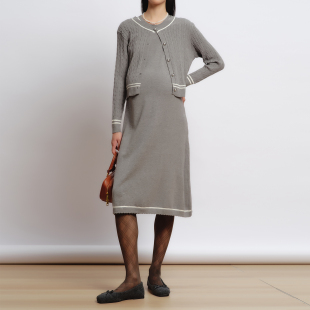 BELLYWEAR孕妇装春秋新款学院灰针织开衫无袖背心裙两件时尚套装