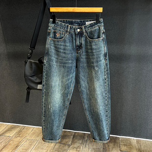 子休闲老爹裤 潮牌百搭宽松锥形萝卜哈伦裤 男士 刺绣刮烂直筒牛仔裤