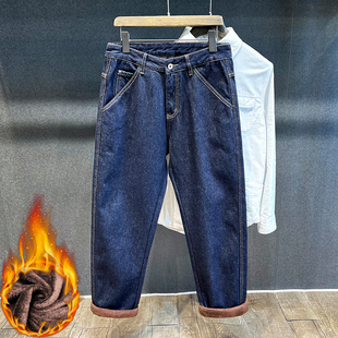 深蓝色老爹哈伦裤 秋冬季 潮牌复古宽松直筒长裤 男士 加绒原色牛仔裤