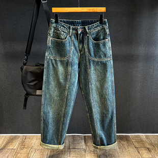 男士 休闲长裤 宽松老爹裤 秋季 子 潮牌复古水洗拼接款 蓝色直筒牛仔裤