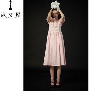 淑女屋官方旗舰店水晶鞋 与玫瑰花玫瑰花方形格连衣裙棉法式