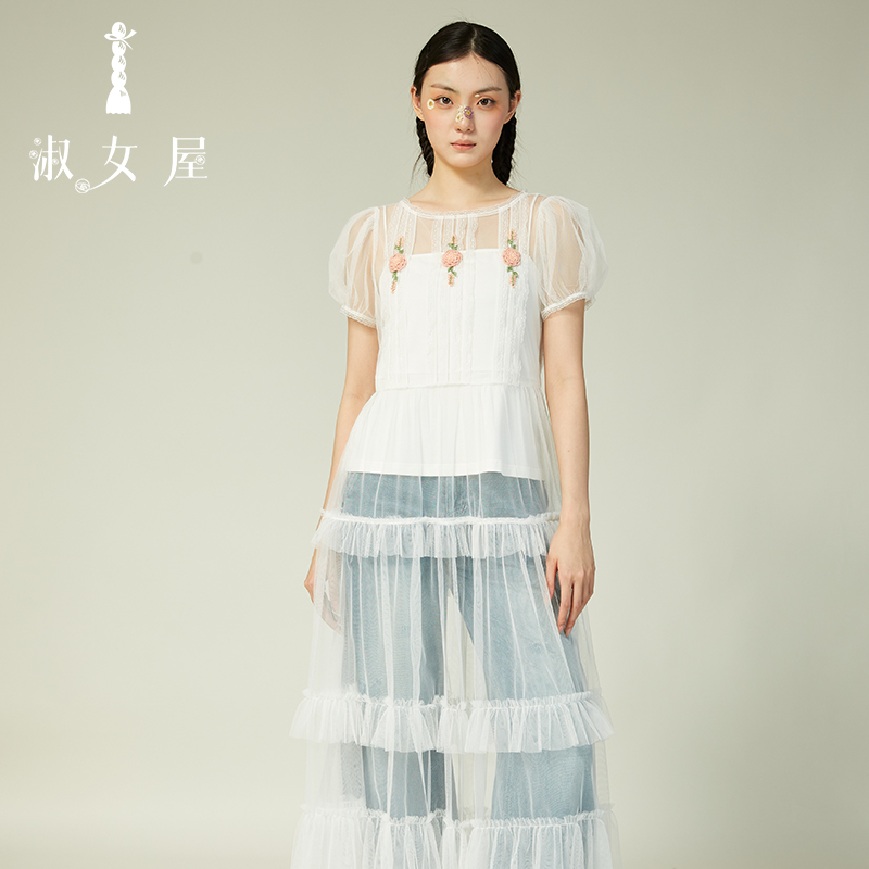 淑女屋官方旗舰店白色探戈绣花打条装饰连衣裙蕾丝拼接只含纱裙