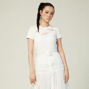 绣花纯色全棉上衣 T恤玫瑰花公主①号圆领短袖 淑女屋2025夏季 新品