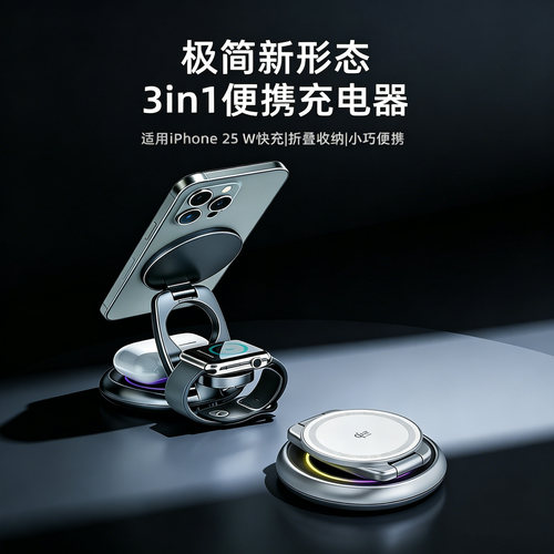 Qi2三合一无线充电器25W快充MagSafe磁吸支架折叠桌面充适用苹果17promax手机iPhone16/15耳机AppleWatch手表