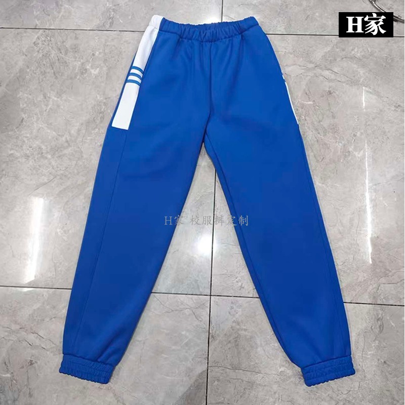 订做东台三仓中学宝蓝色校服运动裤子侧边白条镶二道蓝杠束口加绒