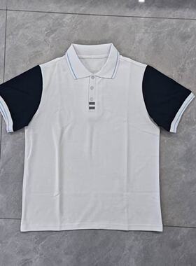订做安徽天长中学校服短袖上衣白拼深蓝半袖白色浅蓝条翻领T恤衫
