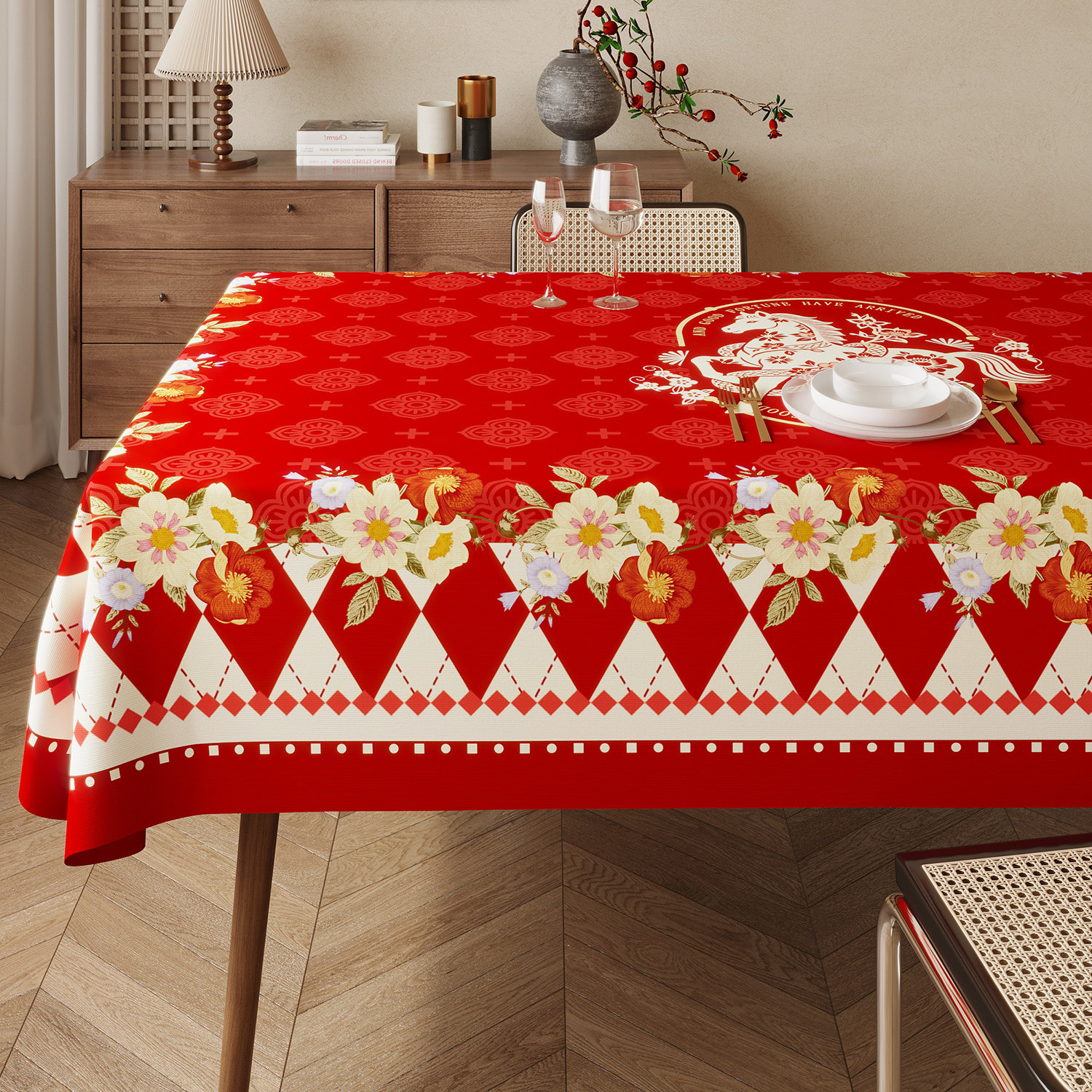 2026年红色喜庆桌布美式复古花卉菱格纹餐桌垫防水防烫长方形盖布