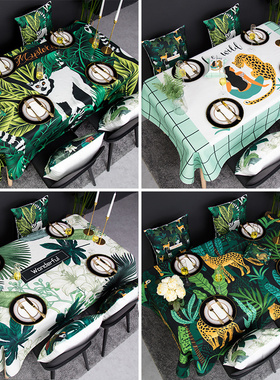 美式轻奢绿色丛林动物系列桌布防水防油餐桌茶几书桌盖布棉麻布艺