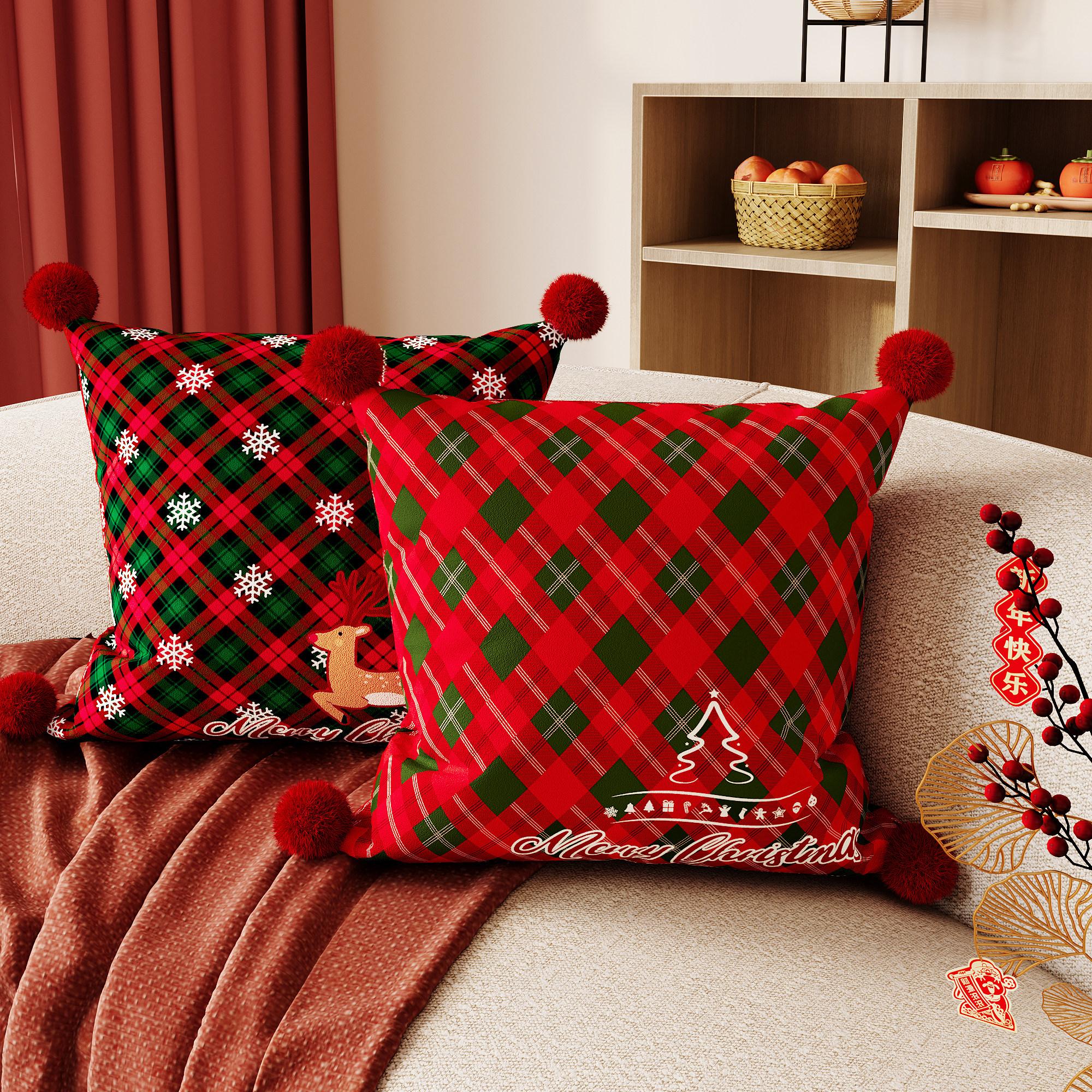 圣诞抱枕红色格子沙发靠枕北欧风新年毛绒软抱枕节日礼物车载腰枕
