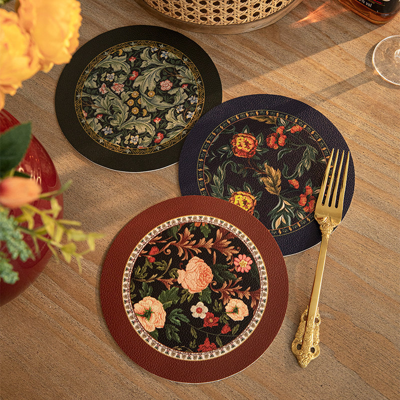 复古花卉小圆餐垫防水防油易清理皮革碗垫轻奢免洗隔热防烫桌布,居家布艺,餐垫,淘宝优惠券,粉丝福利购,淘宝优惠卷