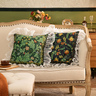 复古美式沙发抱枕蕾丝花边方形天鹅绒枕套轻奢高级感床头靠枕靠垫
