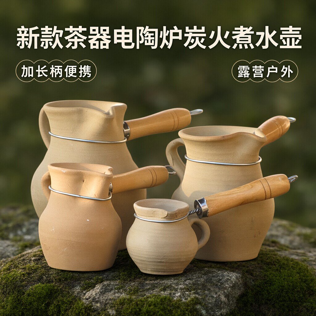 新款茶器电陶炉炭火煮水壶加长柄便携茶罐露营户外土陶罐煮茶工具