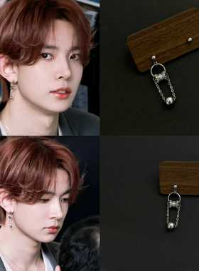 李羲承同款小众设计甜酷串珠链条流苏耳环钛钢耳钉耳饰耳骨钉男女