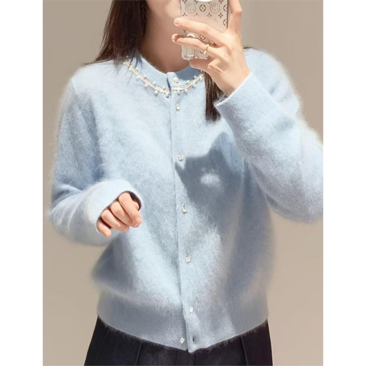 独自美丽 纯山羊绒拉绒开衫重工加厚圆领针织外套毛衣