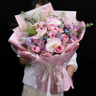 原创曼塔洛神玫瑰花束粉色蝴蝶兰花店生日鲜花速递同城上海配送花