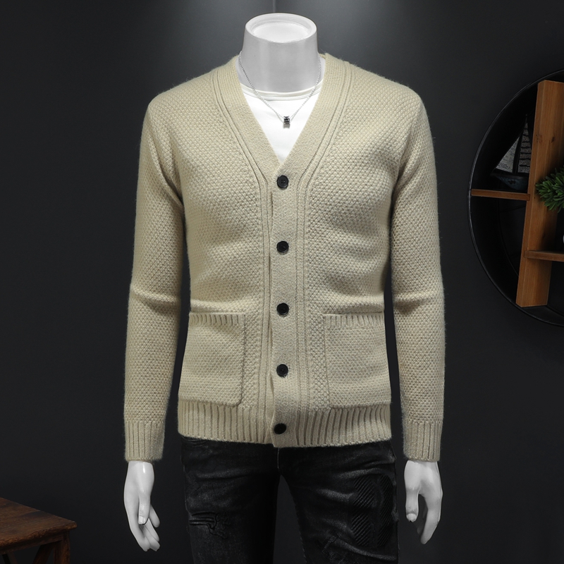 重磅加厚.老钱风V领系扣真口袋毛衣开衫外套56283P135假模卡其，男装针织衫/毛衣，钱塘6022