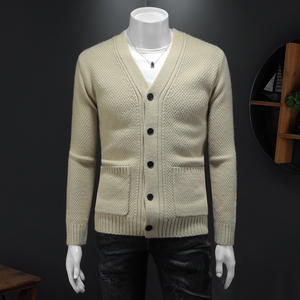 重磅加厚.老钱风V领系扣真口袋毛衣开衫外套56283 P135假模卡其,男装针织衫/毛衣,钱塘6022