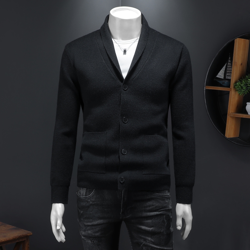 重磅加厚.老钱风西装翻领纯色纽扣外套毛衣开衫56287P140假模黑，男装针织衫/毛衣，钱塘6022