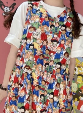 童趣古着中长款V领无袖连衣裙女春款甜美可爱裙子2022夏季女宽松