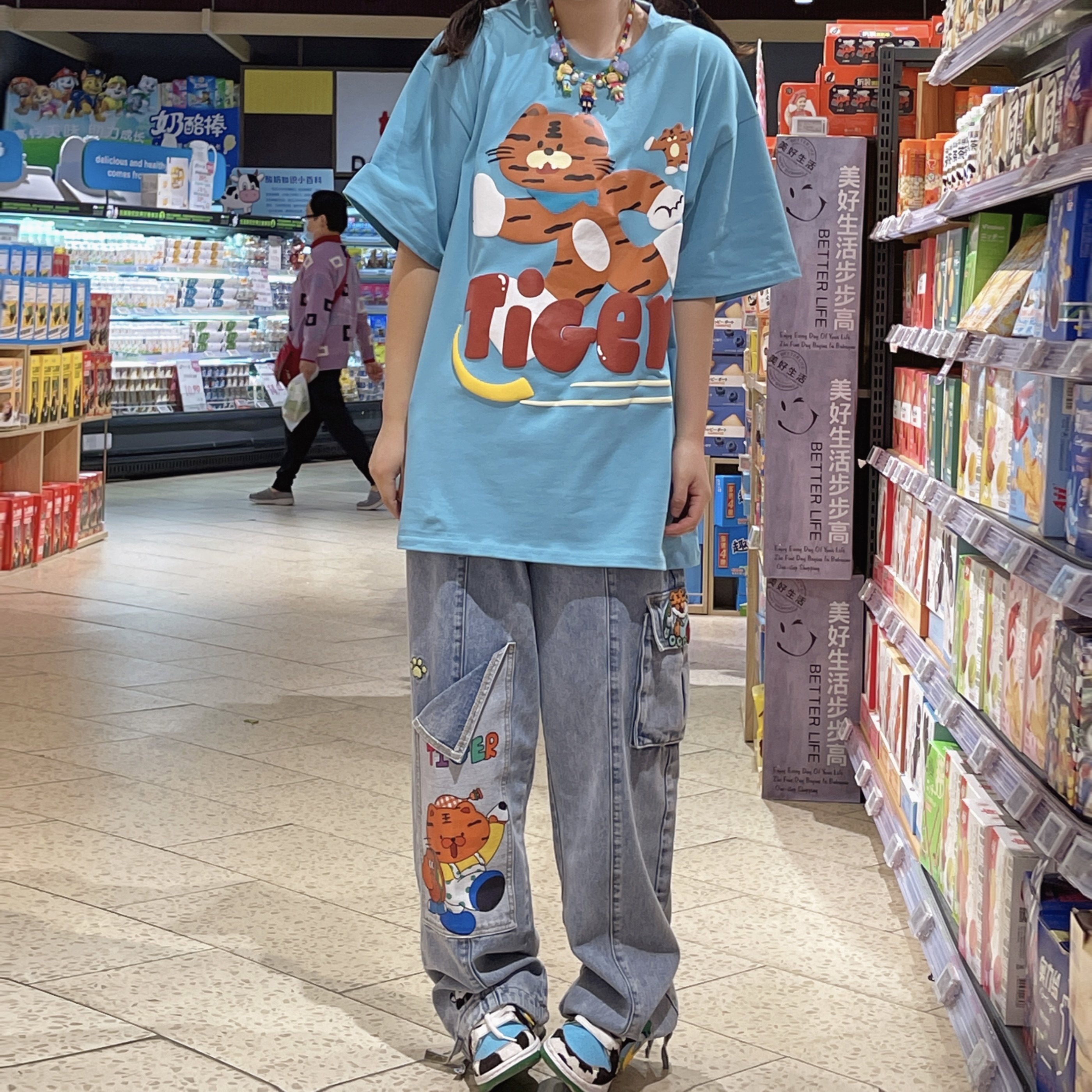 童趣蓝古着日系显白卡通发泡印花落肩圆领全棉短袖T恤2023年夏季,女装/女士精品,T恤,淘宝优惠券,粉丝福利购,淘宝优惠卷