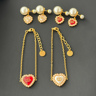 七夕限定红色爱心珍珠套组项链法式 高级感轻奢小众耳钉女耳环手链