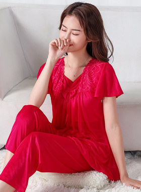 夏季女士加肥大码冰丝短袖长裤性感家居服睡衣两件套装5XL码220斤