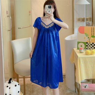 睡裙女夏季仿真丝加肥加大码性感冰丝服女士夏天薄款中长款连衣裙